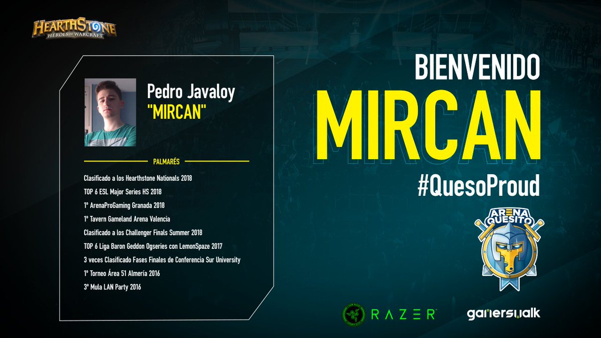 Anunciamos a nuestro nuevo jugador de Hearthstone <a href="/MircanGamer/">Mircan</a>, un de los jugadores más en forma del panorama competitivo actual.
Dar las gracias a <a href="/RambootClub/">Ramboot Club</a>
por la ayuda que hemos tenido de su parte y haber siempre querido lo mejor para el jugador.  
#QuesoProud #TQHS 🧀
