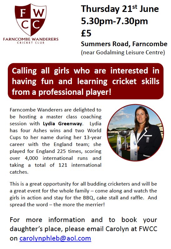 Wanderers1947's tweet photo. Farncombe Wanderers are delighted to be welcoming @lydiagreenway and @cricketforgirls for a coaching masterclass later this month. Spaces are going fast, so don't miss out! https://t.co/7LmVkXJxNr