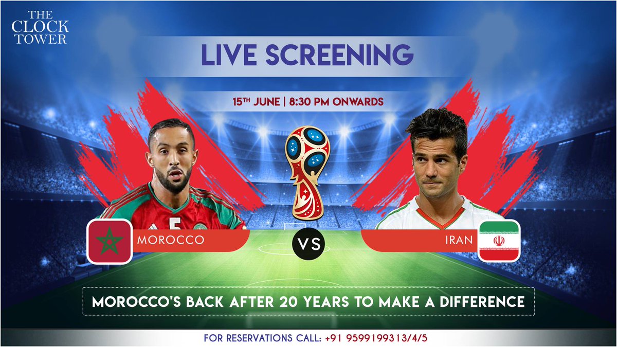 theclocktower54's tweet photo. Morocco is coming back to the FIFA world Cup for the first time in 20 years after 1998. Drop by at #TheClockTower to watch the action LIVE. 

#russiaworldcup2018 #FIFA #moroccovsiran #football #meridoosricountry https://t.co/ovYkIhq52P