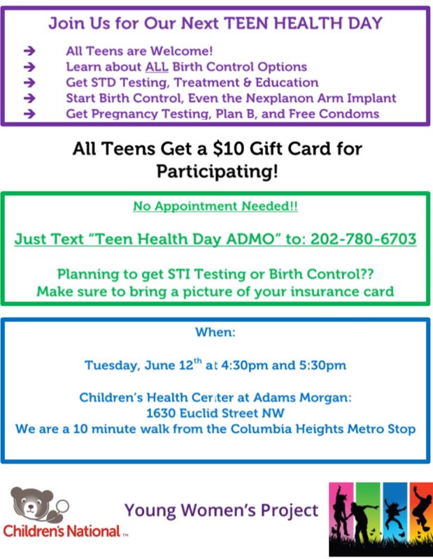 Young Womens Project (@ywp_dc) on Twitter photo Happening THIS AFTERNOON!!! Teen Health Day <a href="/childrenshealth/">Children's Health</a>:
✅ Free STI Testing
✅ Free Birth Control
✅ and $10 Gift Card for attending!!!
🎉😎🎉 Happening THIS AFTERNOON!!! Teen Health Day <a href="/childrenshealth/">Children's Health</a>:
✅ Free STI Testing
✅ Free Birth Control
✅ and $10 Gift Card for attending!!!
🎉😎🎉