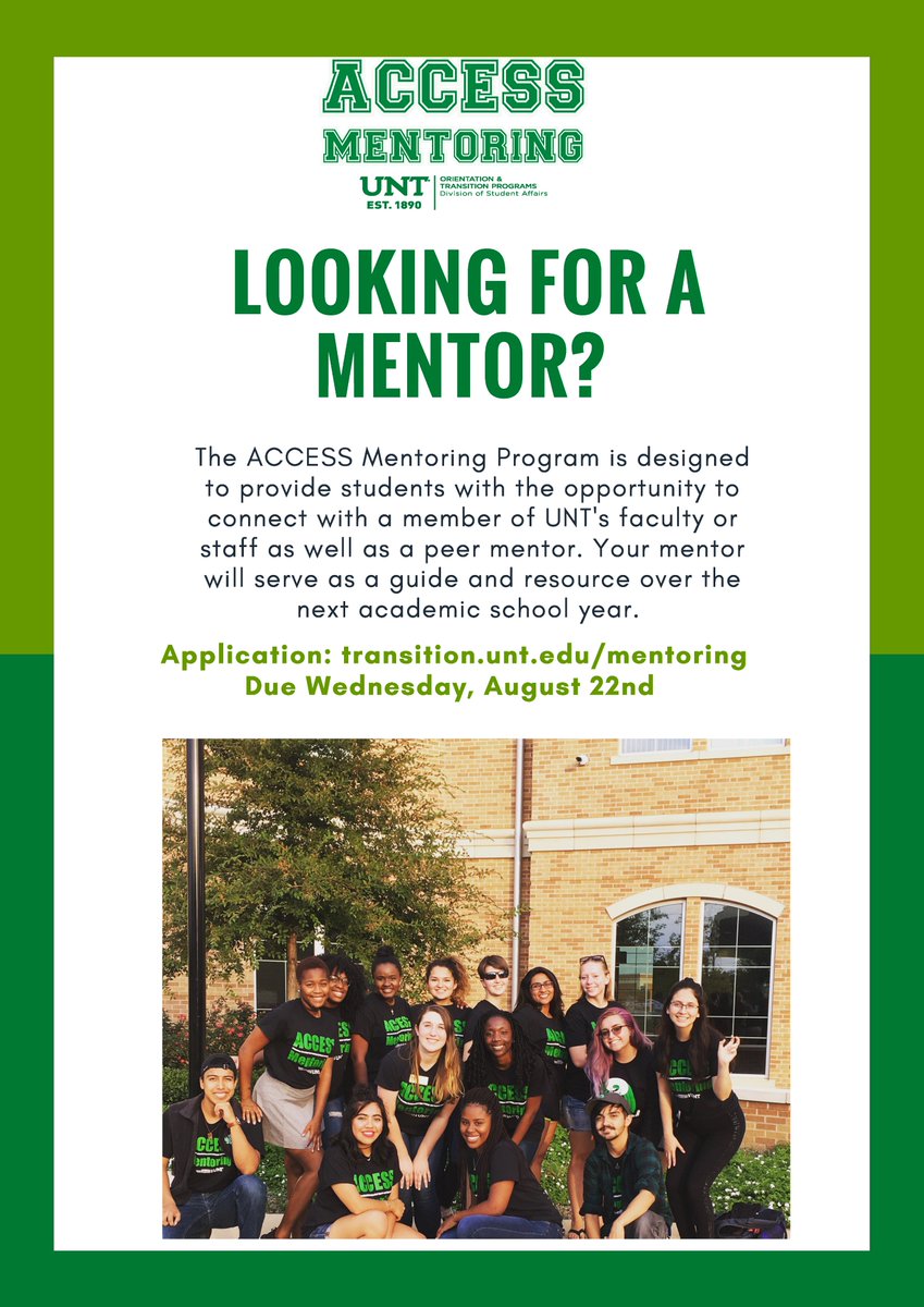 UNT_OTP's tweet photo. Looking for a mentor at UNT? Become an @UNTACCESS mentee! https://t.co/r9L6v33HFX