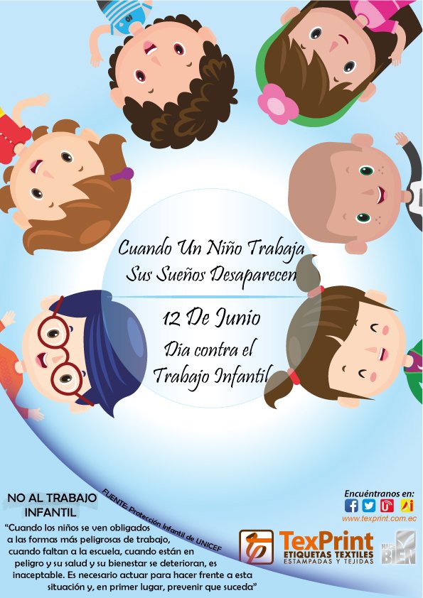 TexprintEC's tweet photo. En la actualidad, cerca de 168 millones de niños trabajan en el mundo, muchos a tiempo completo. Ellos no van a la escuela y no tienen tiempo para jugar. Se les niega la oportunidad de ser niños. 
#DíaMundialContraElTrabajoInfanti
#NoChildLabourDay https://t.co/6XKuvGKeI5