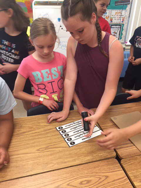 Ms_Strahan's tweet photo. Both 4th grade classes used clues and cooperation today to save summer vacation! Thanks @reneebiegas for such a fun lesson! #breakoutedu https://t.co/5phgih9ILZ