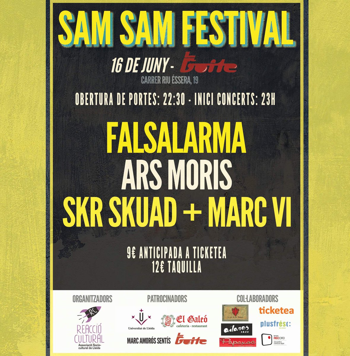 PostureigLleida's tweet photo. Aquest dissabte a @LaBoiteLleida, #SamSamFestival: projecte cultural de caire solidari i sense ànim de lucre que recull fons i col·labora amb barri senegalès de #SamSam al #Dakar, com en la creació d'una escola per nenes i nens amb situacions econòmiques greus. Si podeu ja sabeu! https://t.co/hjZPrXA7VC