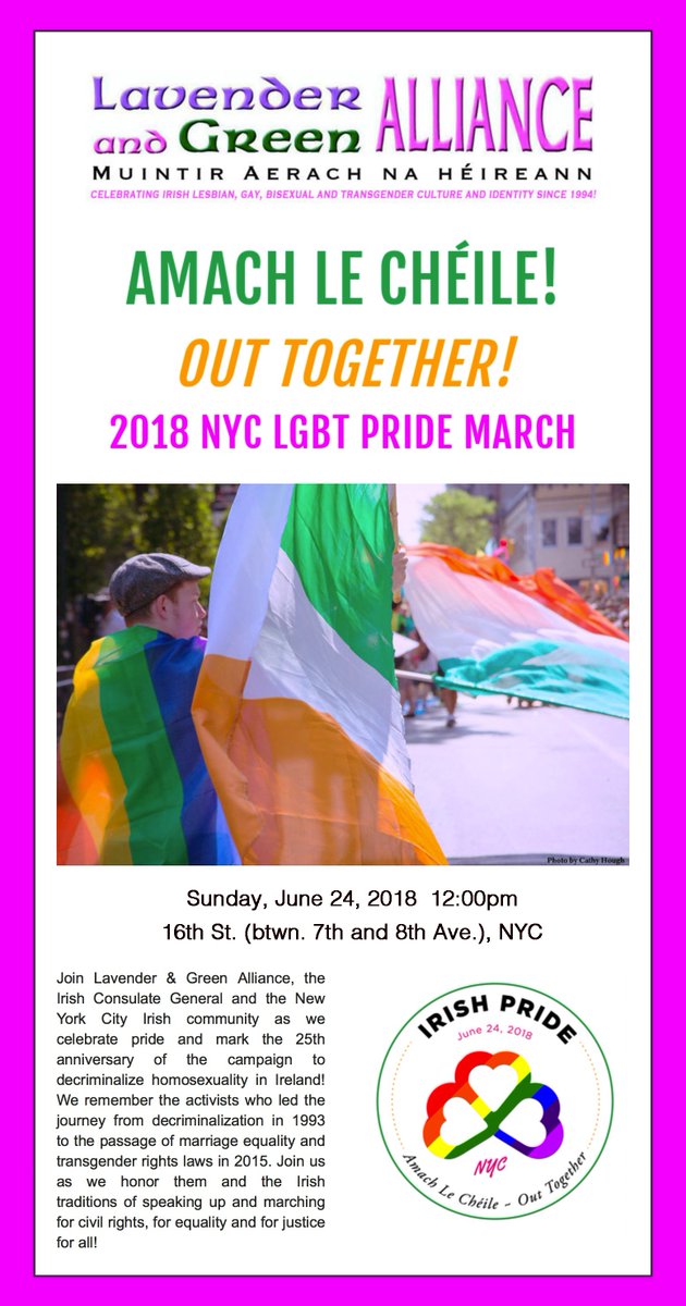 Celebrate PRIDE with Lavender &amp; Green Alliance, the Irish Consulate General and LGBT Irish New Yorkers and friends! Sunday, June 24th! Click the link below to be directed to our registration page!:
lavenderandgreenalliance.org/events/2018-ny…