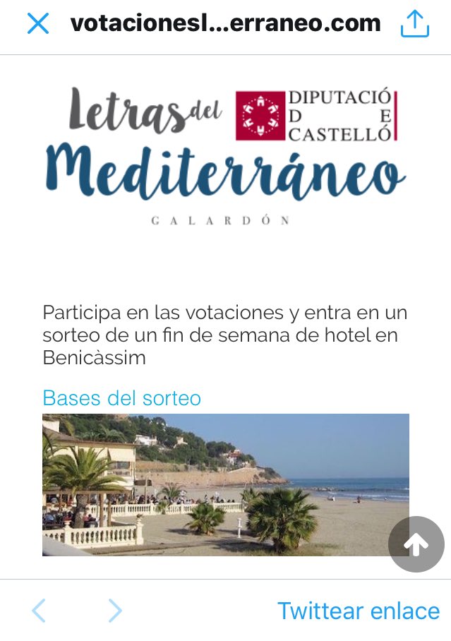 ¿Quieres visitar lugares descritos en "La Perla de Agua" de Lola P. Nieva en su último libro? Participa en las votaciones y entra en un sorteo de fin de semana de hotel en Benicàssim… votacionesletrasdelmediterraneo.com
<a href="/Planetadelibros/">PlanetadeLibros</a>
<a href="/MREdiciones/">MR Ediciones</a>
<a href="/lolipicazo/">Loli Picazo</a>
<a href="/CulturaDipcas/">Cultura Dipcas</a> 
<a href="/CastellonLdM/">Letras Mediterráneo</a>