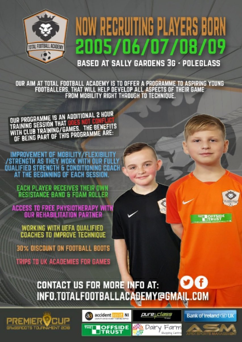TotalFootballAcademy (@totalfootballni) on Twitter photo Registrations for the 2018/19 term are now open! Spaces available for an enjoyable and challenging programme of additional sessions, that doesn't interfere with your club schedule!
Interested? Email us now!
<a href="/CNPartnership/">Colin Neighbourhood</a> @jmcgrady1 <a href="/deeginger99/">Damian Mc Auley</a> <a href="/BelfastHourNI/">#BelfastHour</a> @NIBFA_Official Registrations for the 2018/19 term are now open! Spaces available for an enjoyable and challenging programme of additional sessions, that doesn't interfere with your club schedule!
Interested? Email us now!
<a href="/CNPartnership/">Colin Neighbourhood</a> @jmcgrady1 <a href="/deeginger99/">Damian Mc Auley</a> <a href="/BelfastHourNI/">#BelfastHour</a> @NIBFA_Official