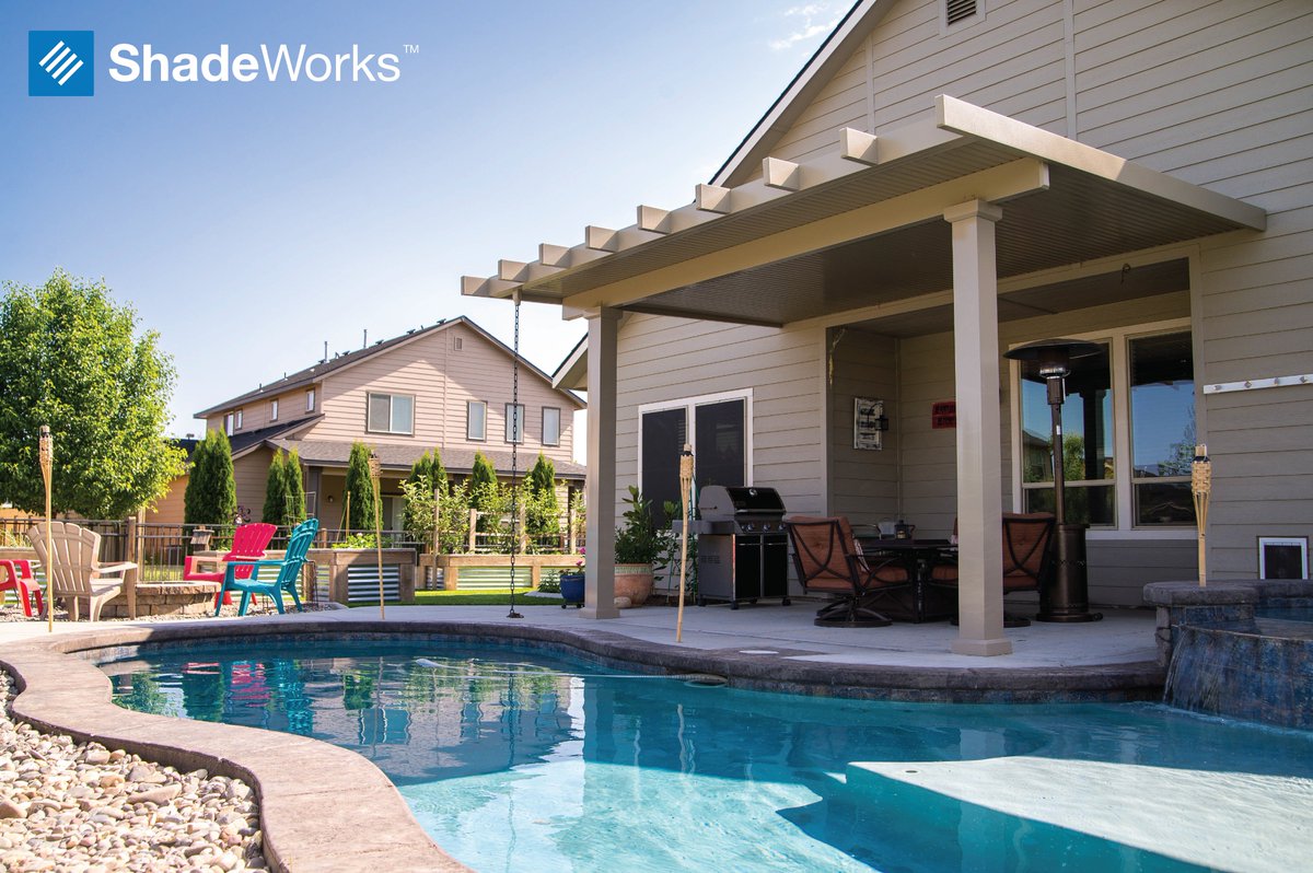 ShadeWorks_com's tweet photo. We've got a hot day coming up tomorrow, but this home is prepared! 
Awesome pool to cool off in ☑️ 
MOCKWOOD™ patio cover to relax under ☑️
All thats left to do is invite a few friends and let the good times roll!
#ShadeWorks #PatioCover #SummerIsHere https://t.co/8AtbVUMgPd