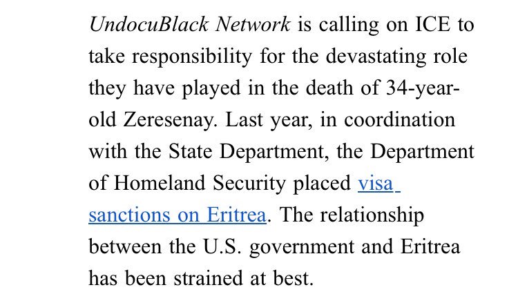 UndocuBlack's tweet photo. The @UndocuBlack Network is calling on ICE to take responsibility for their role in the death of 34-year old #ZeresenayErniasTestfatsion. https://t.co/XfBBV9FJVR