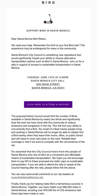 Bird email to riders in Santa Monica rallying support against the council&rsquo;s proposed scooter limit there