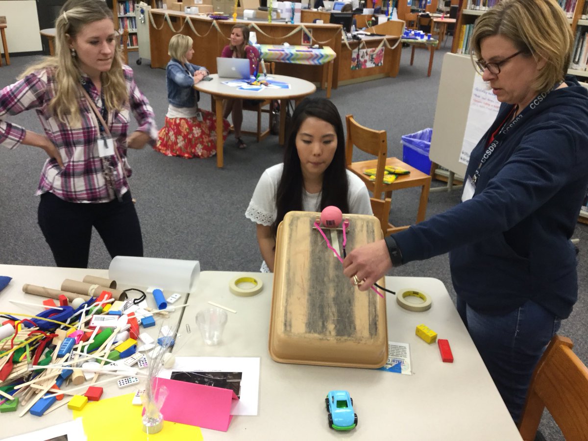 AshlineKelly's tweet photo. Lots of communication and problem solving in today’s #designthinking challenge at #SummerTech2018 #D93innovates #itworked 
I’ll post the video later.... https://t.co/1FxAP5Jqod