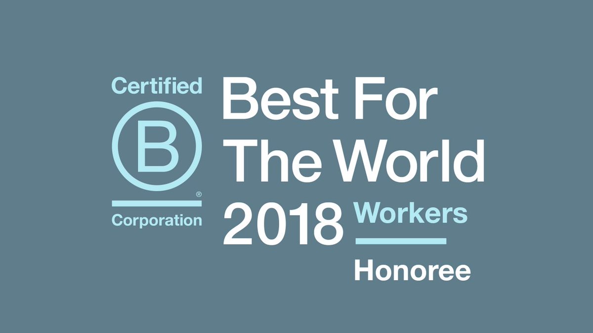 We’re proud to share that we've been named on @BCorporation's Best for the World list as a Best for Workers honoree, scoring in the top 10% of #BCorps worldwide! #BestfortheWorld18 🎉 

Learn more here: bthechange.com