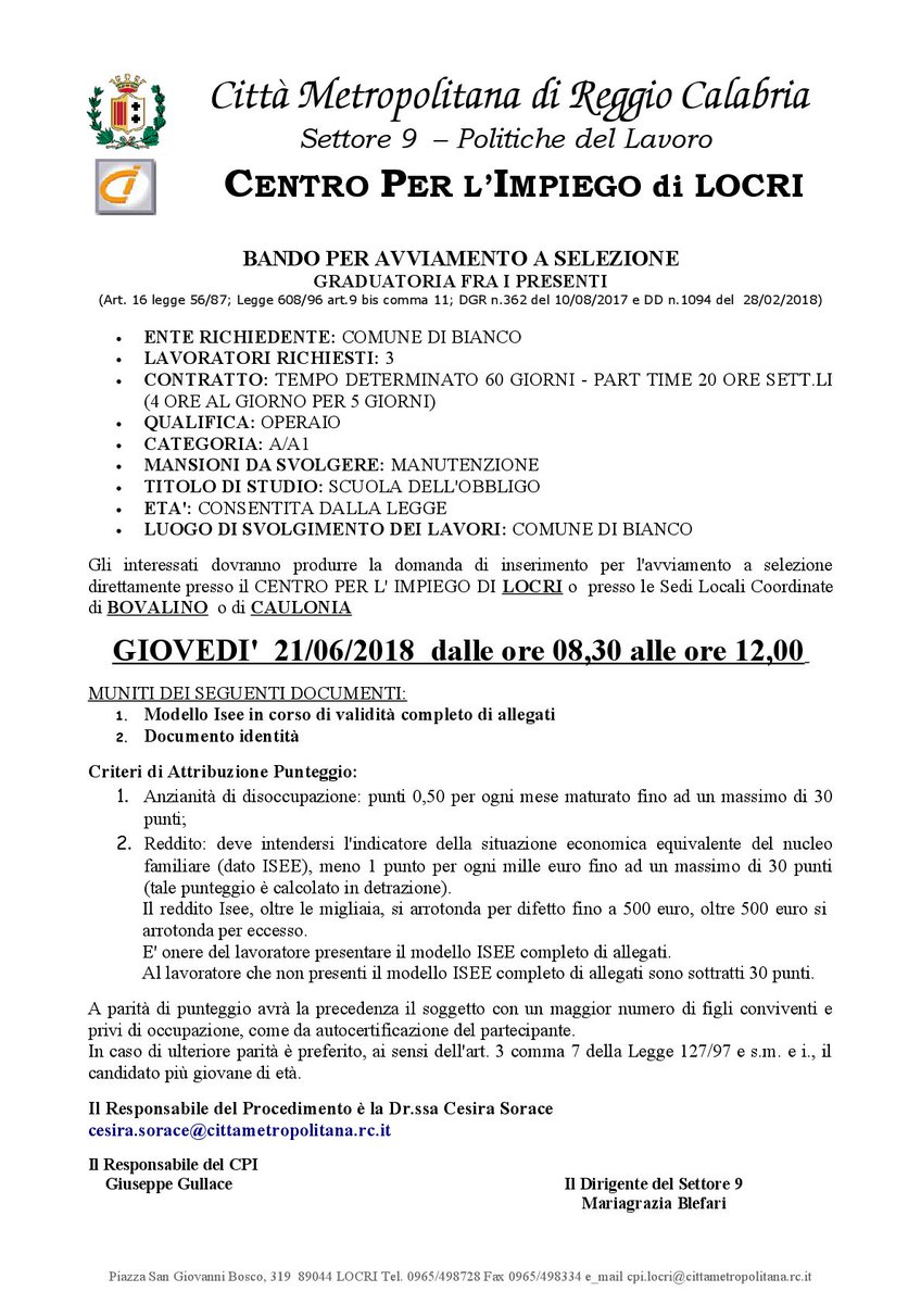 tuttosamoit's tweet photo. LAVORO:  Bando Per Avviamento A Selezione - Comune Di Bianco https://t.co/JPyJjXQSA8