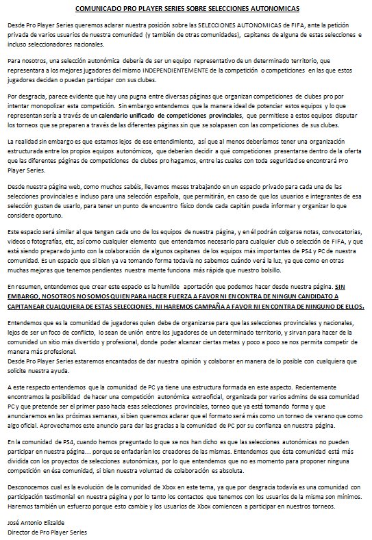 ProPlayerSeries's tweet photo. Comunicado oficial de Pro Player Series con respecto a las selecciones autonómicas de FIFA.

Esperamos que este tipo de competiciones sirvan para unir a la comunidad, y no para dividirla, y desde nuestra humilde posición haremos todo lo posible a ese respecto. https://t.co/60B0y2P0GF