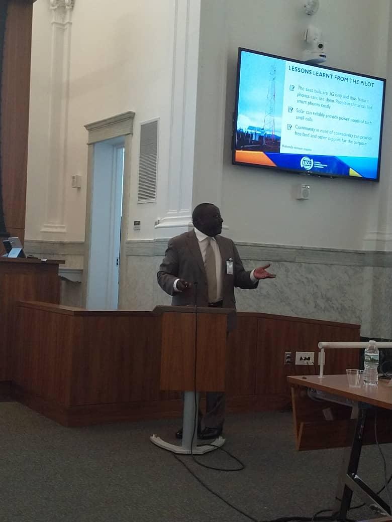Director #RCDF ~ Hon. Nyombi Thembo delivers his captivating presentation on the recently launched #broadband pilot project at the #ITSO symposium, ahead of the #ITSO 38th Meeting of the Assembly of Parties,happening in Washington D.C from 13 - 15 June. #UCCat20