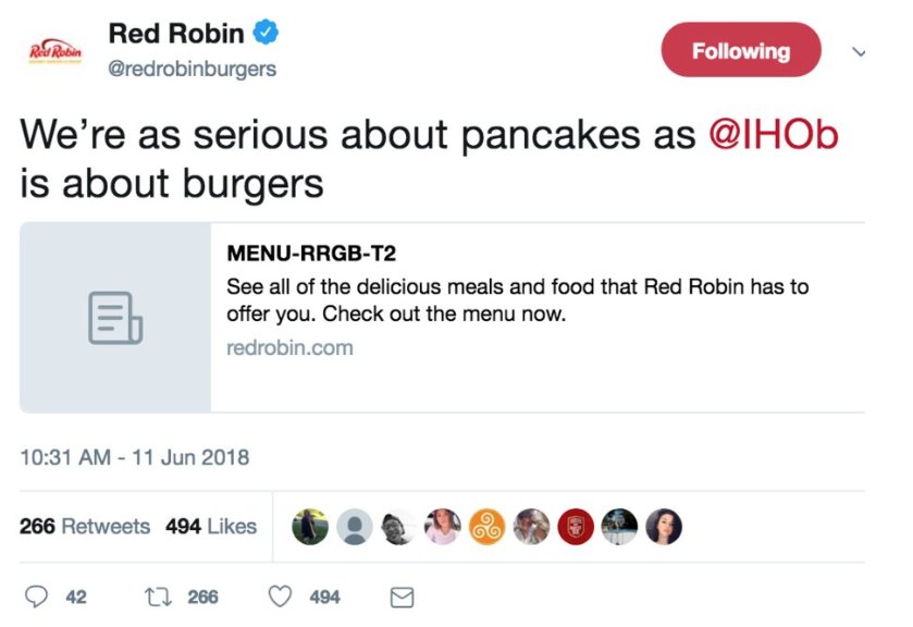 meredithnorman's tweet photo. Fast-food chains roasting IHOb is my favorite thing today. https://t.co/fWbrdRJ1n6