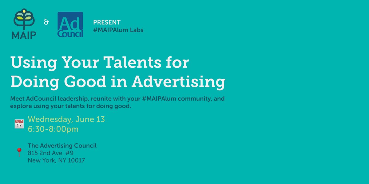 MAIP's tweet photo. Last chance, #MAIPAlum & #MAIPCoach.
Tomorrow evening, we get together to learn about using our skills to do good in this industry with @AdCouncil.
We're down to our last few tickets - RSVP (email maip@4as.org or check the #MAIPAlum FB group for PW):
https://t.co/0q1a1MVWiz https://t.co/pdWIsEJU68
