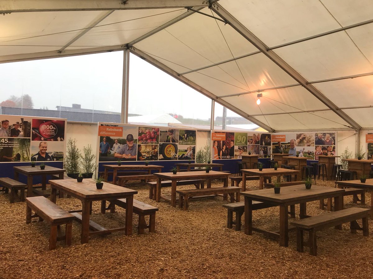 RabobankNZ's tweet photo. We're set-up and ready to go for the day 1 of @FieldaysNZ  2018! Make sure you swing by our marquee at site D132-134 to check out the Rabo Café &amp; chat to the Rabo team including CEO @CharterisTodd and Chairman Sir Henry van der Heyden. https://t.co/i80bHpU19A