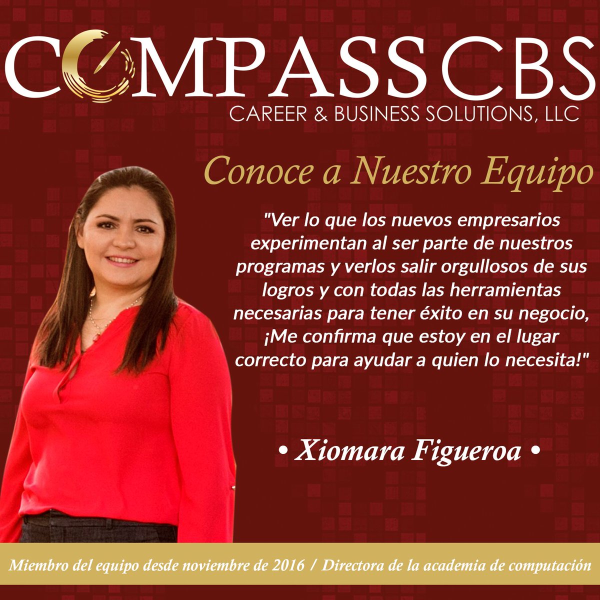 CompassCBS's tweet image. Es hora de continuar presentándoles a nuestro #equipo y esta vez se trata de Xiomara Figueroa, Directora de la #Academia de Computación y miembro clave de #CompassCBS #ConoceaNuestroEquipo #CompassClub #EscuelaEmpresarial