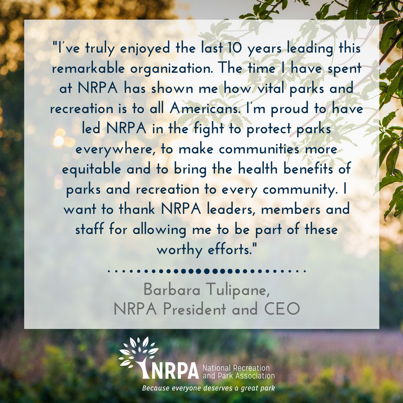 NRPA_news's tweet photo. NRPA President and CEO Barbara Tulipane, CAE, has announced her retirement. https://t.co/YwNBSF27zH https://t.co/zbJUMbfWgq