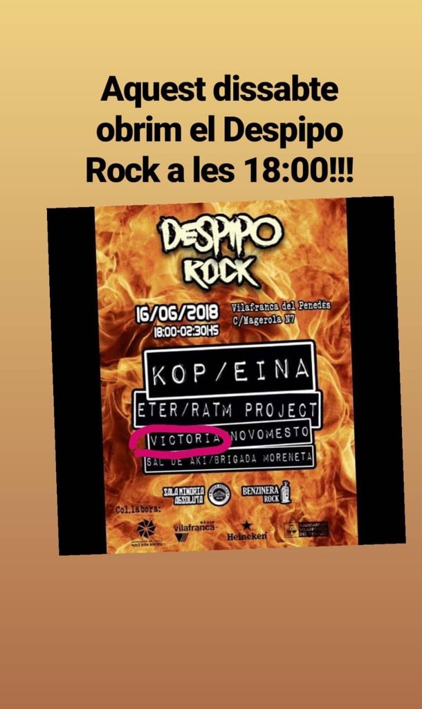victoriagrup's tweet photo. Ens veiem aquest dissabte al #DespipoRock de #VilafrancadelPenedes. Toquem a les 18:00h! #rock #Victòria https://t.co/S3AdkpvMK7