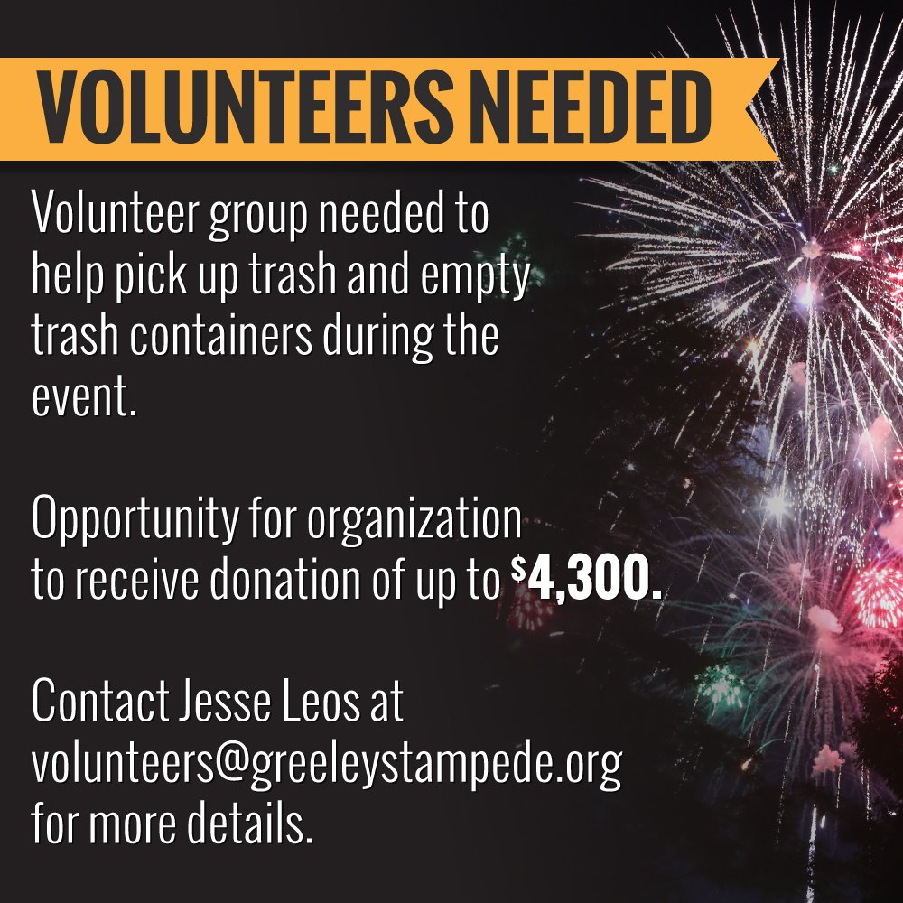 There are only 10 days left to the 2018 Greeley Stampede and we are in need of some volunteers! Contact Jesse Leos at volunteers@greeleystampede.org for more details.