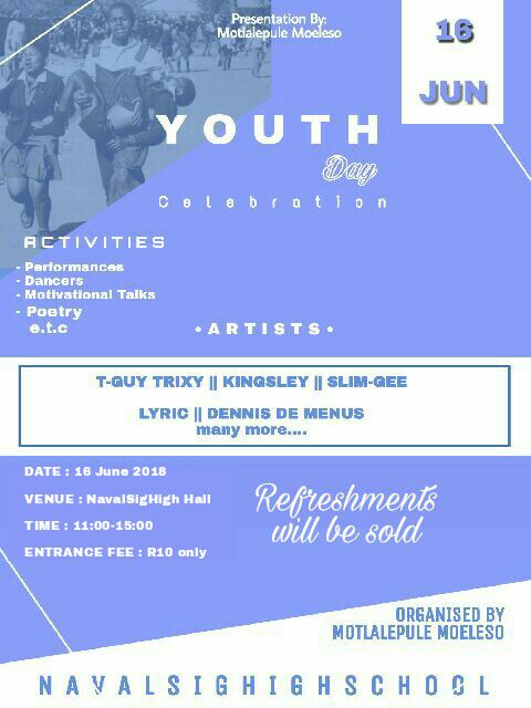 NeeyothegreatSA's tweet photo. Here comes the Youth day celebration
I know my name is not there on the line up list(no space).But I'll be at the event.anyone who knows the school,plz go there and watch me performing live at Naval sig .I bet it will be rocking
Neeyo the great will be lit.
@NeeyothegreatSA  (me) https://t.co/kgoteleLB6