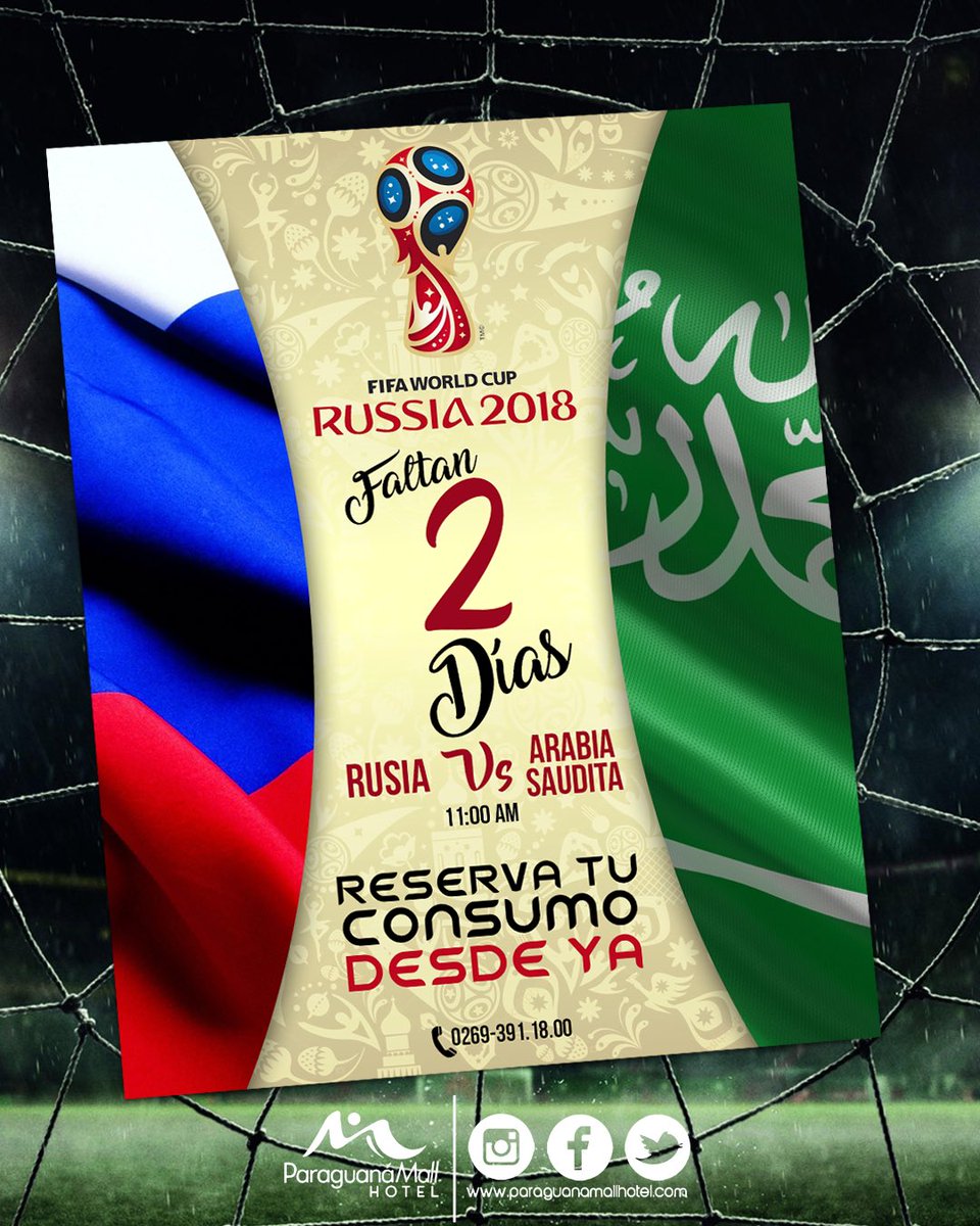 Faltan 2 días para la #fifaworldcup2018 y ¿aún no tienes donde ver esta gran apertura? Ven a 🔸PARAGUANÁ MALL HOTEL🔸 y reserva desde ya tu consumo en tragos, cócteles y los más exquisitos Snacks👌🏻.

⚽️Disfruta entre amigos de lo mejor del Futbol⚽️ .