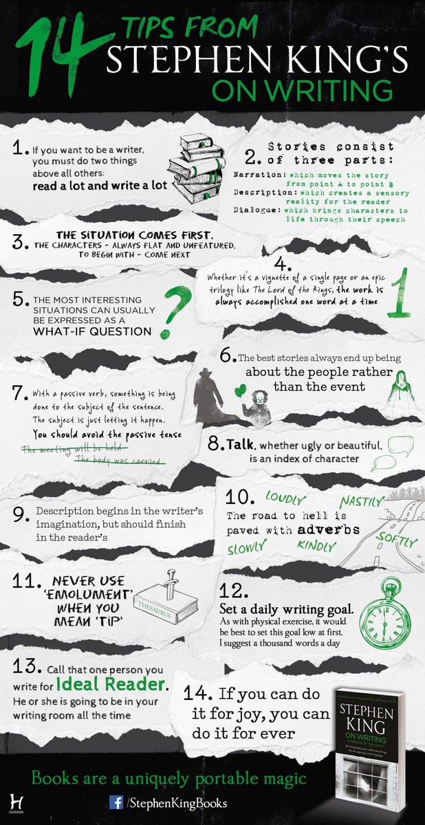 grahamandre's tweet photo. I love these 14 tips on writing from @StephenKing not got a bad track record himself #literacy #primaryrocks #ukedchat #edchat https://t.co/6VAHlU3gKJ