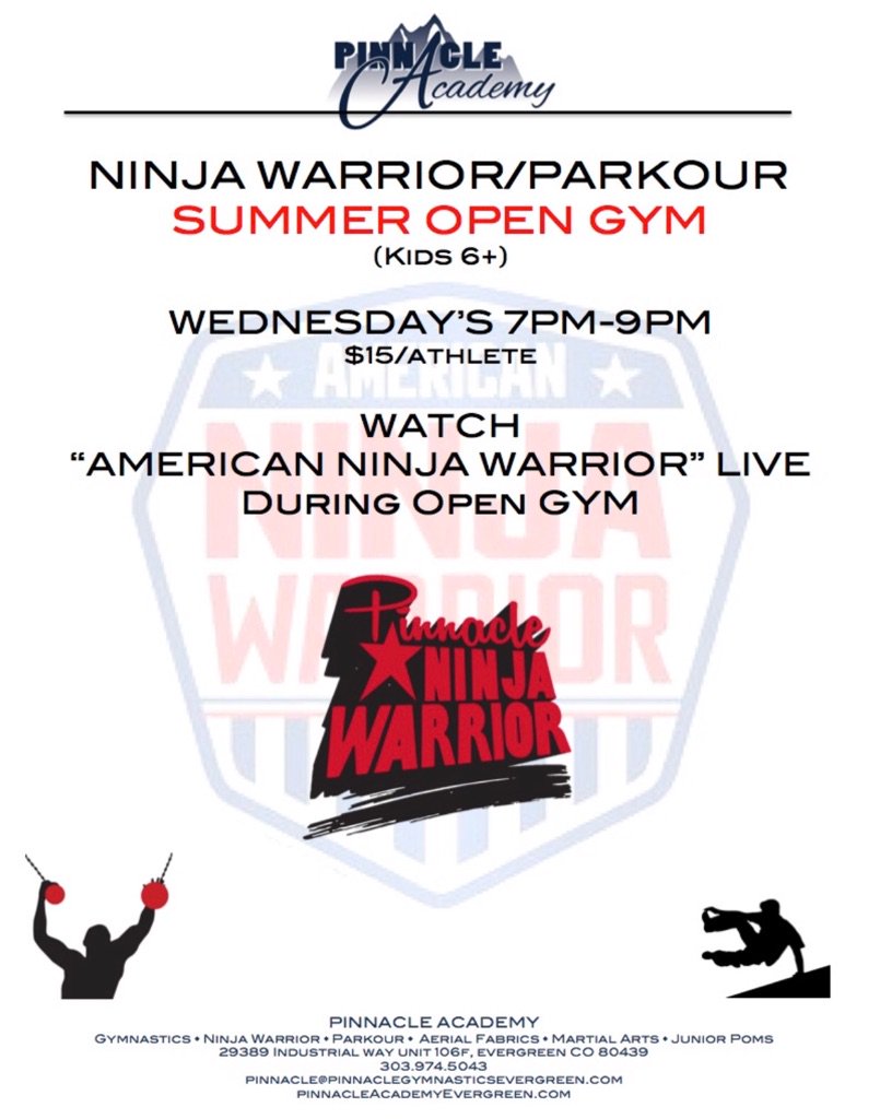 Ninja Warrior/Parkour Summer Open Gyms starting tomorrow, Wed 6/13 from 7-9pm. Watch American Ninja Warrior LIVE while you practice your Ninja/Parkour skills! #PinnacleAcademy #evergreen  #ninjawarrior #parkour