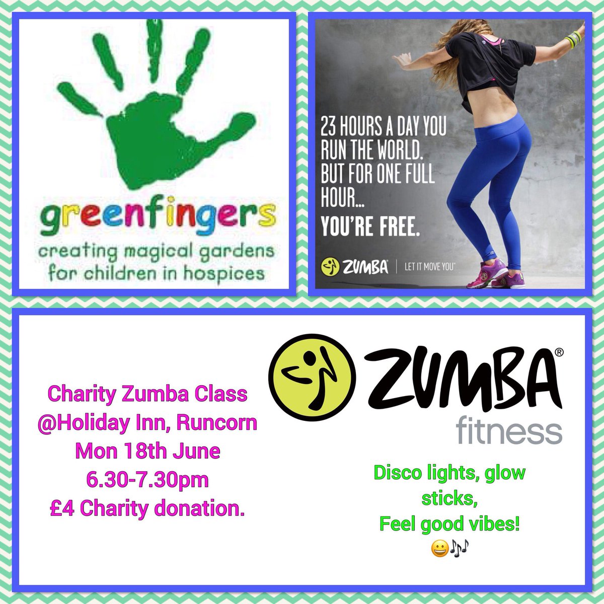 Puddledancing's tweet image. CHARITY ZUMBA (adults) EVENT: raising money for GreenFingers a charity that specialises in making magical playareas for children in hospices to enjoy. Glow sticks, disco light, u.v lighting and a Feel Good relaxed party vibe. (Teens welcome). @Kingsley_CP_Sch