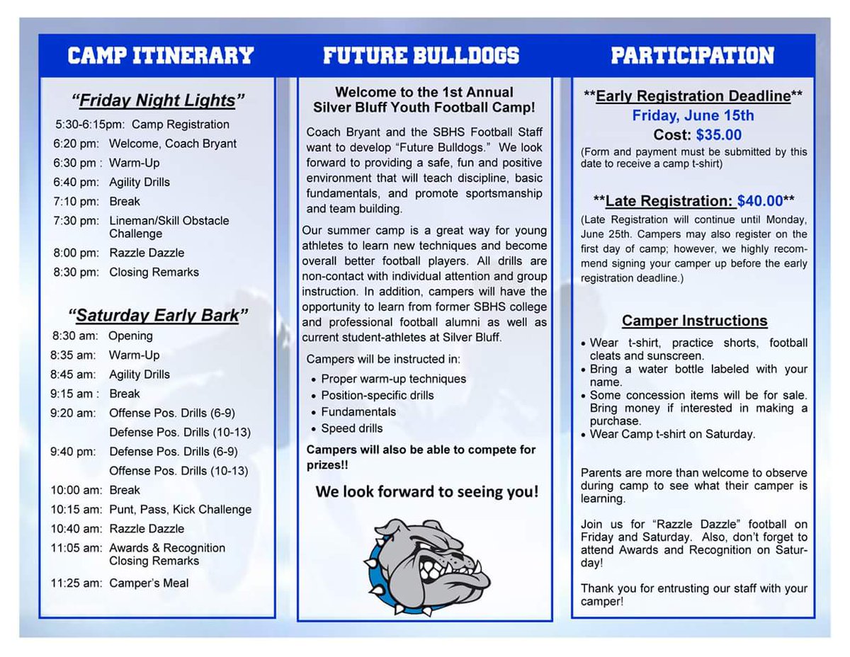 SilverBluffFB's tweet photo. 🚨 Get registered for the @SilverBluffFB Youth Camp https://t.co/wxk4cU1ImI