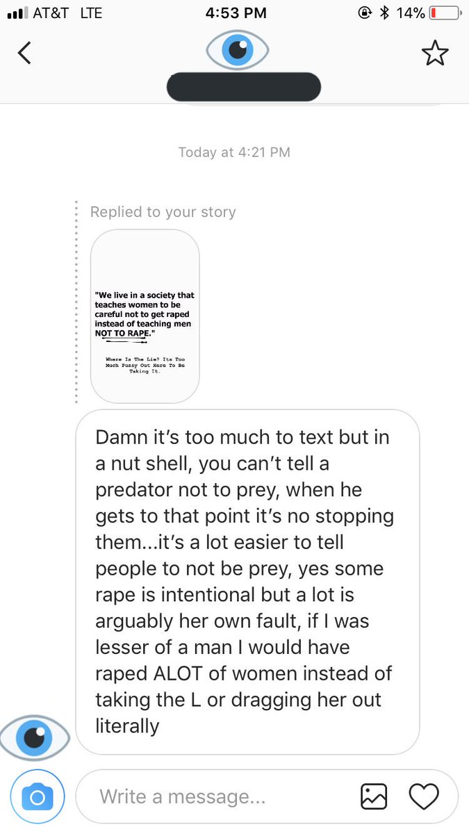 TheBambaataa's tweet photo. TBH, I shouldn’t even be hiding this guys identity. And what’s even worse is that there are more men that feel like this. SOME of y’all are fucking disgusting. The way a woman dresses, how intoxicated she is, nipple rings etc ARE NOT an invitation to sex. #MenAreTrash #NoMeansNo https://t.co/STHKHl2mkr