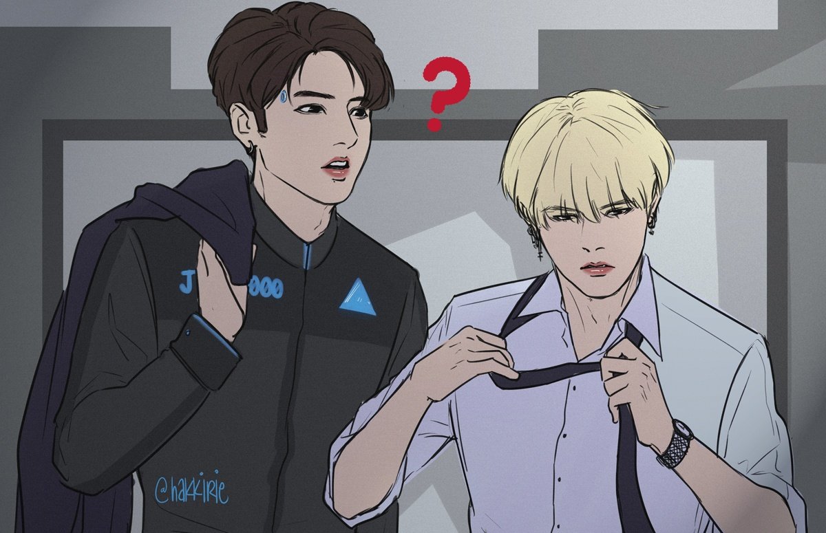 hakkirie's tweet photo. hello yoonkook dbh au with lieutenant min yoongi and cyberlife prototype jk000 ??? https://t.co/I2ttn2PehZ