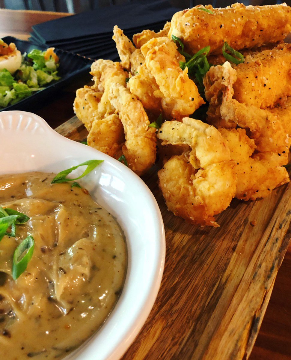 Fried Shrimp &amp; Grits-
L.A. fried Shrimp, fried cheese grits, #NewOrleans style bbq mayo aioli

Try it for yourself!
#IDDBA18 #marketplaceacademy #followyournola #warehousedistrict