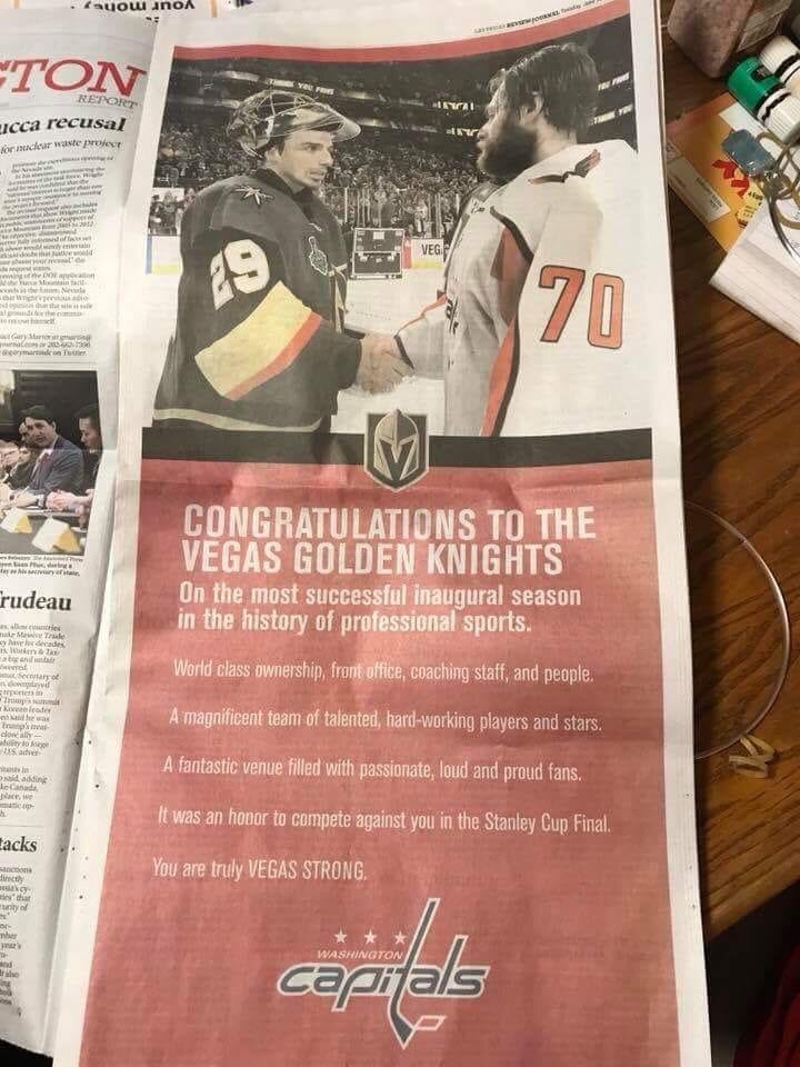 nhlchirpz's tweet photo. The Capitals paid to have this published in a Las Vegas newspaper. Nothing but class 🙏🏻 https://t.co/jev4j7eq7A