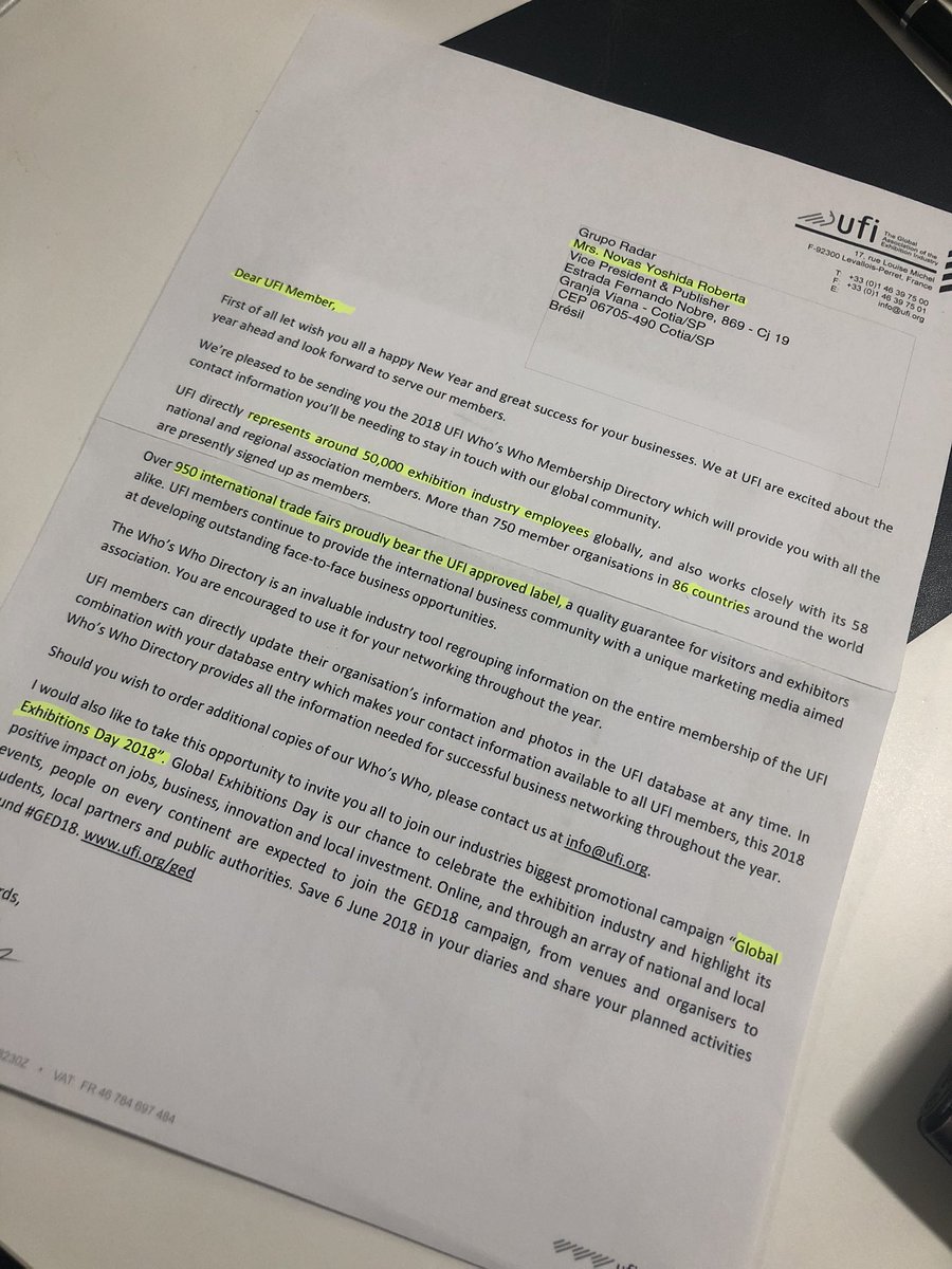 Robs_japa's tweet photo. Today I got this letter in my hand again and I just have to say that I’m very proud to be part of the exhibition industry an part of @UFILive and Tks to @NickDMUFI and @kaihattendorf for the opportunity #letsgedtogether https://t.co/sAZ2qiw7g0