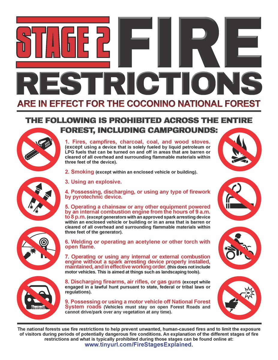 CoconinoNF's tweet image. Six closure areas still in effect... For all of the forest that is still open, it is in Stage II fire restrictions. No campfires, smoking, sparks, shooting, etc. The only way to cook food is a gas/propane stove you can turn off &amp;amp; on.