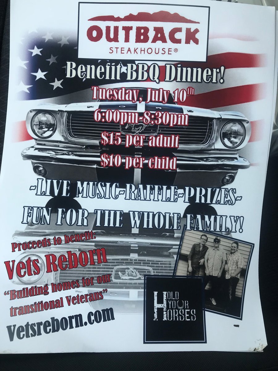 Help Spread the word. Our Sponsor Bowling Green Outback Steakhouse is hosting a benefit for Vets Reborn. Plan on visiting them on July 10th and if your business has anything you can donate for auction items that would be great too!!!