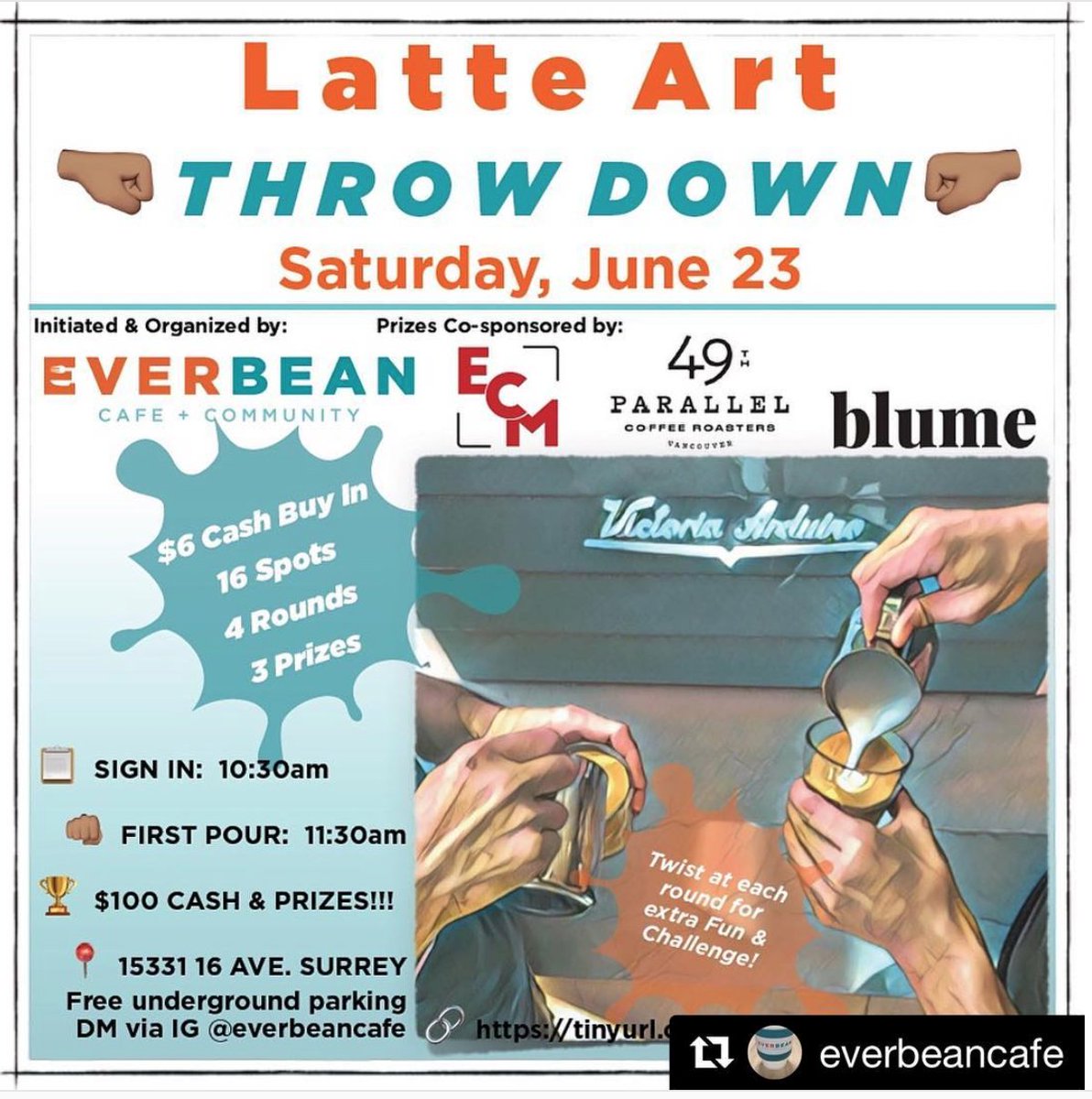 CADBaristaInst's tweet image. New addition to Artisan Coffee in Surrey. Join in to win awesome prizing with 1st place getting $100 Cash &amp;amp; new Eureka Mignon grinder #Repost @everbeancafe with @get_repost....tinyurl.com/EverbeanThrowD…