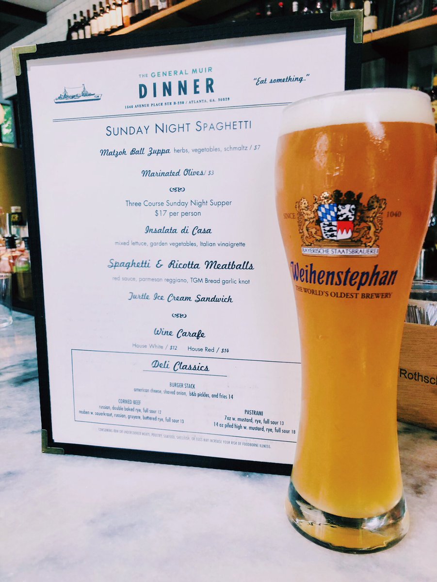 thegeneralmuir's tweet photo. We got what Dad wants: make your reservation for #FathersDay #SundayNightSpaghetti — salad, @boccalupoatl spaghetti, meatballs, @tgmbread #garlicknot, and a turtle #icecreamsandwich, just $17/pp! And a #Weihenstephan beer special — buy the beer, keep the glass (while they last). https://t.co/OSneAcaFaK