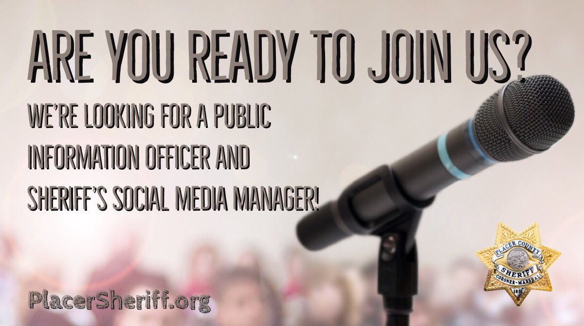 We’re looking for a PIO &amp; social media manager! If you have #journalism experience &amp; education, come join our team! 
We’re a dynamic agency and Placer County is rated #1 in quality of life in CA‼️ Learn more at: goo.gl/gSsZpm #PIAII #PIO #LESM #LEjobsCA #JobOpening