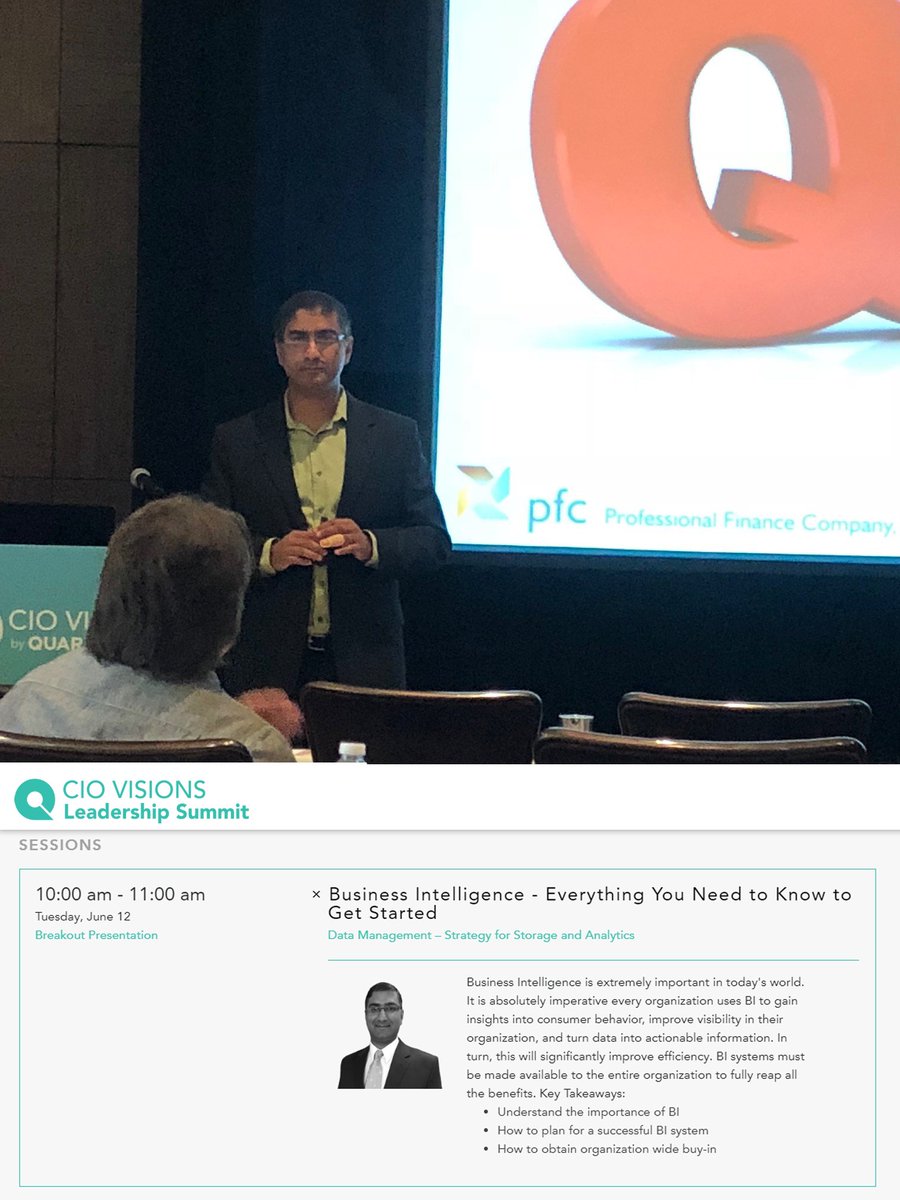 PFC's Director of IT, Adip Dsouza, presenting at the CIO Visions #Leadership Summit today in Las Vegas! Dsouza covered the importance of #BusinessIntelligence in business operations. bit.ly/2t36CSZ #InformationTechnology #CIO #IT
