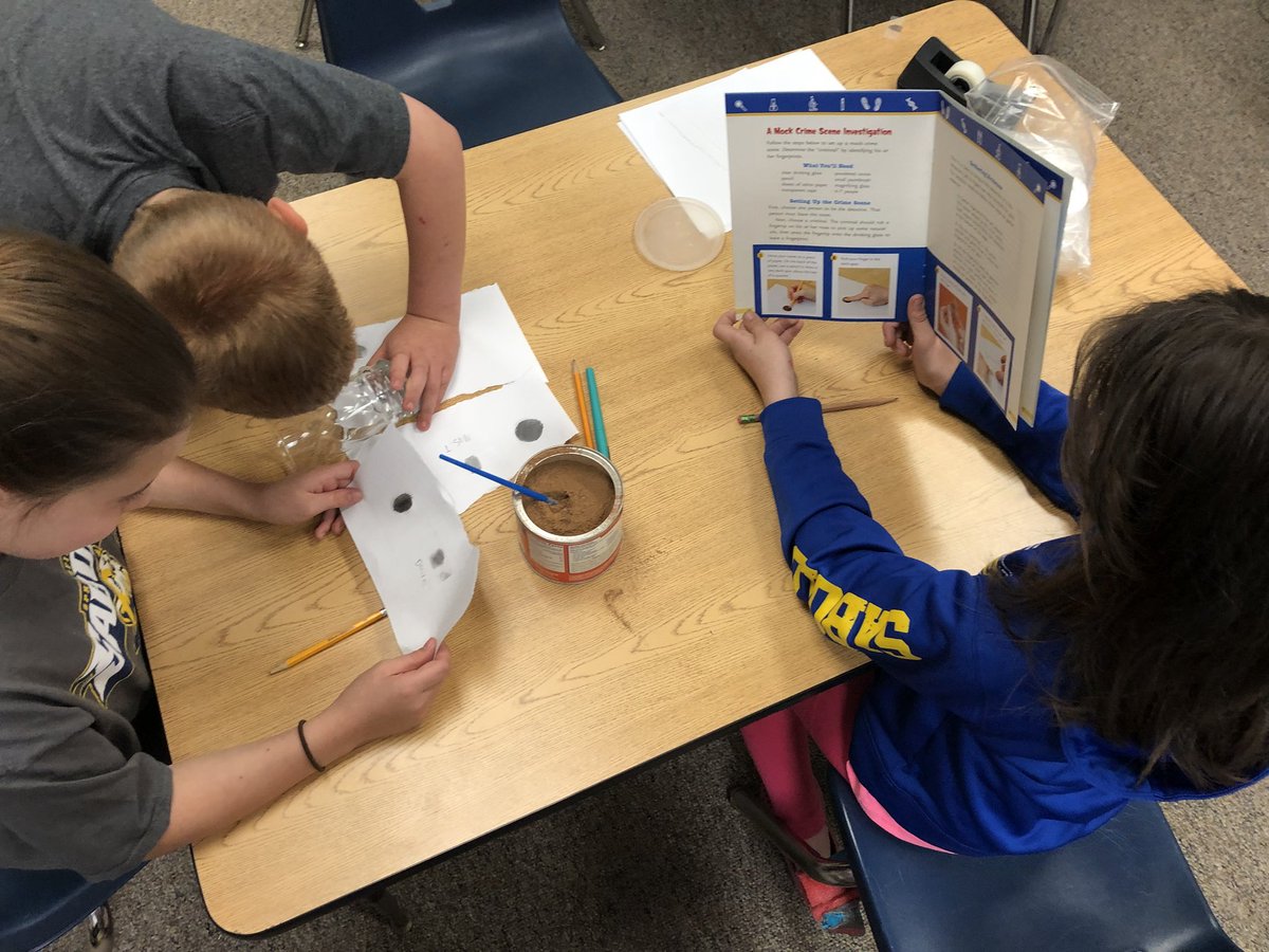 allison_taugner's tweet photo. Finished up “Understanding Forensic Science” in guided reading today. After summarizing the different parts of the text, the kids had fun investigating a “mock crime scene” using cocoa powder to dust fingerprints. #4thgrade #guidedreading #highinteresttexts #fandp #lastfullweek https://t.co/dRUFVTXvRW