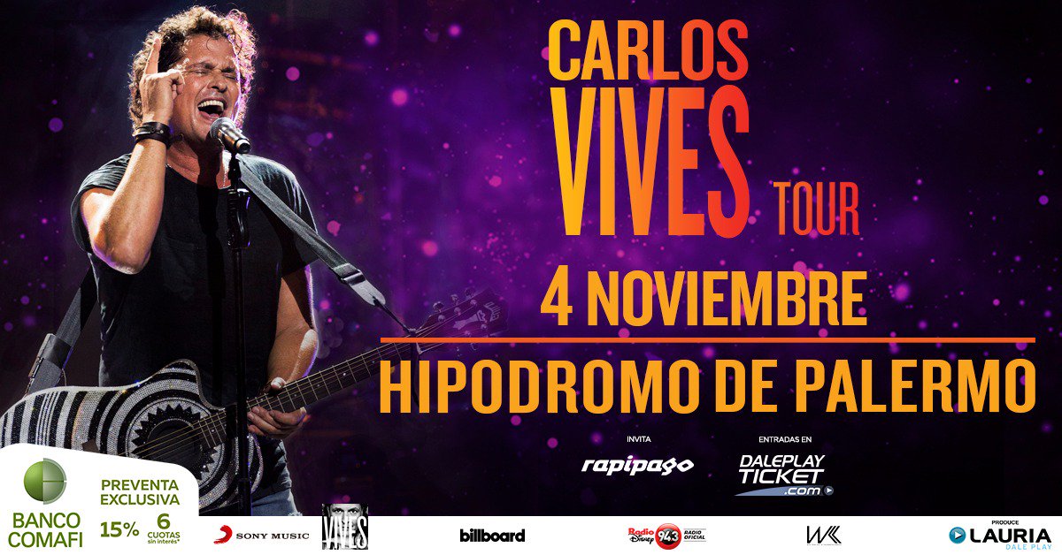 carlosvives's tweet photo. Hola amigos de Argentina! 🇦🇷 Desde este miércoles estará a la venta las entradas 🎫 para el 4 DE NOVIEMBRE HIPÓDROMO DE PALERMO en https://t.co/J5wQ0rPWkt Preventa exclusiva tarjetas Banco Comafi 13 y 14 de junio, 15% de descuento @lauriadaleplay @daleplayticket @sonymusicarg https://t.co/MI1snJ7csR