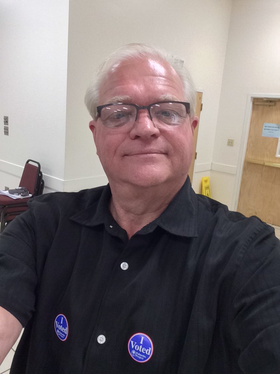 dshannonpierce's tweet photo. I do not know if our friend Glenn voted twice, likes stickers or has taken up dancing. Thank YOU! #vote #SC4 #volunteer #friends https://t.co/RpCNe8rYMi