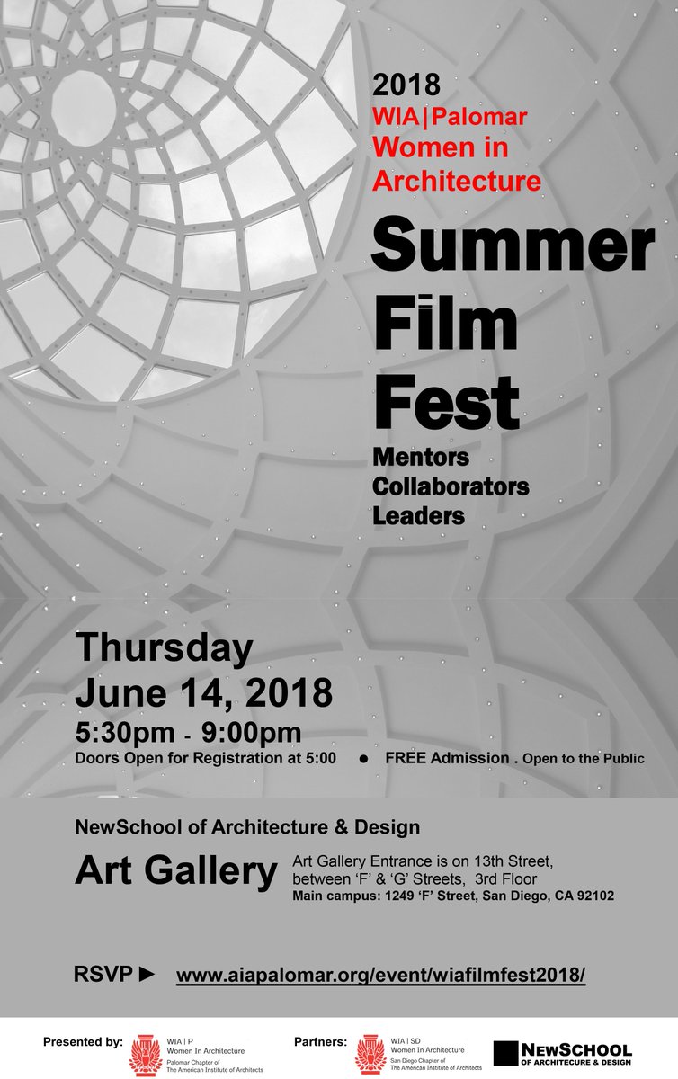 AIAPalomar's tweet image. WIA is proud to host an evening of films, presenting women leaders, mentors, and collaborators in design and architecture. Enjoy an evening of films exploring our built environment through the eyes of these visionary women. 
FREE AND OPEN TO THE PUBLIC: 2018wiasummerfilmfest.eventbrite.com