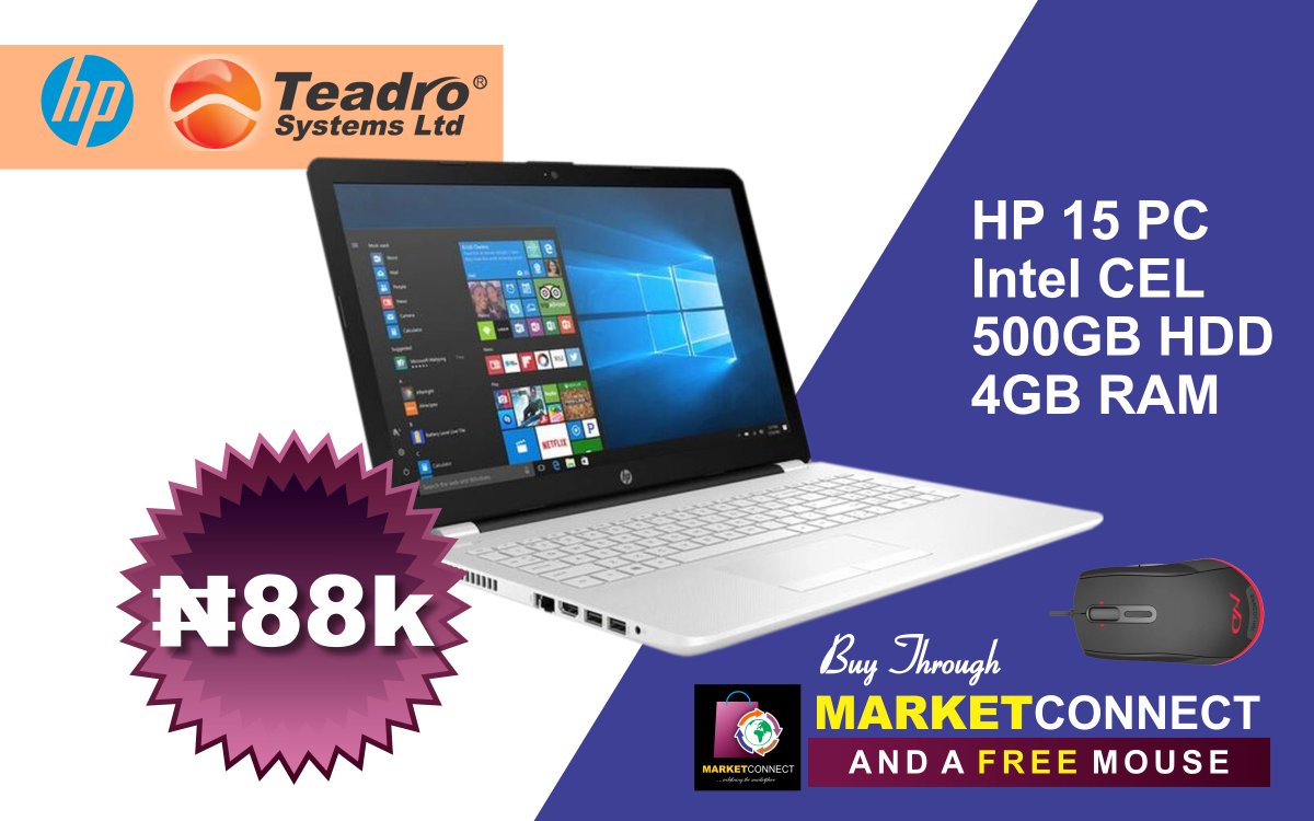 Marketconnectph's tweet photo. YOU CAN NOT GET IT CHEAPER THAN THIS.
YOU CAN TRY IT, BUT MAKE SURE IT IS BRAND NEW AND IT HAS 1 YEAR WARRANTY

FREE: MOUSE

HP 15 PC
Intel CEL
500GB HDD
4GB RAM
AMOUNT: N88K
chat with us directly: https://t.co/u7VkvLZKCF

OR Call: 08033179659

#TeadroSystems #HP #MarketConnect https://t.co/LkNHQlb3pZ