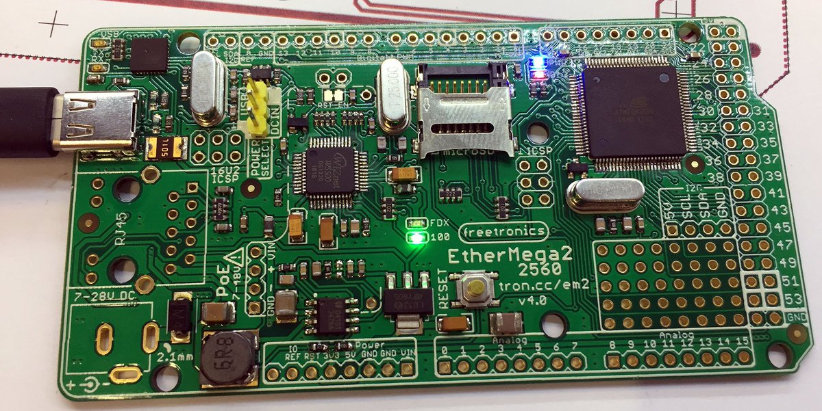 jonoxer's tweet photo. First power up of a hand-assembled EtherMega2 prototype. Not working yet so time for debugging. Enumerates, but won't communicate https://t.co/fHS6Lj94pf