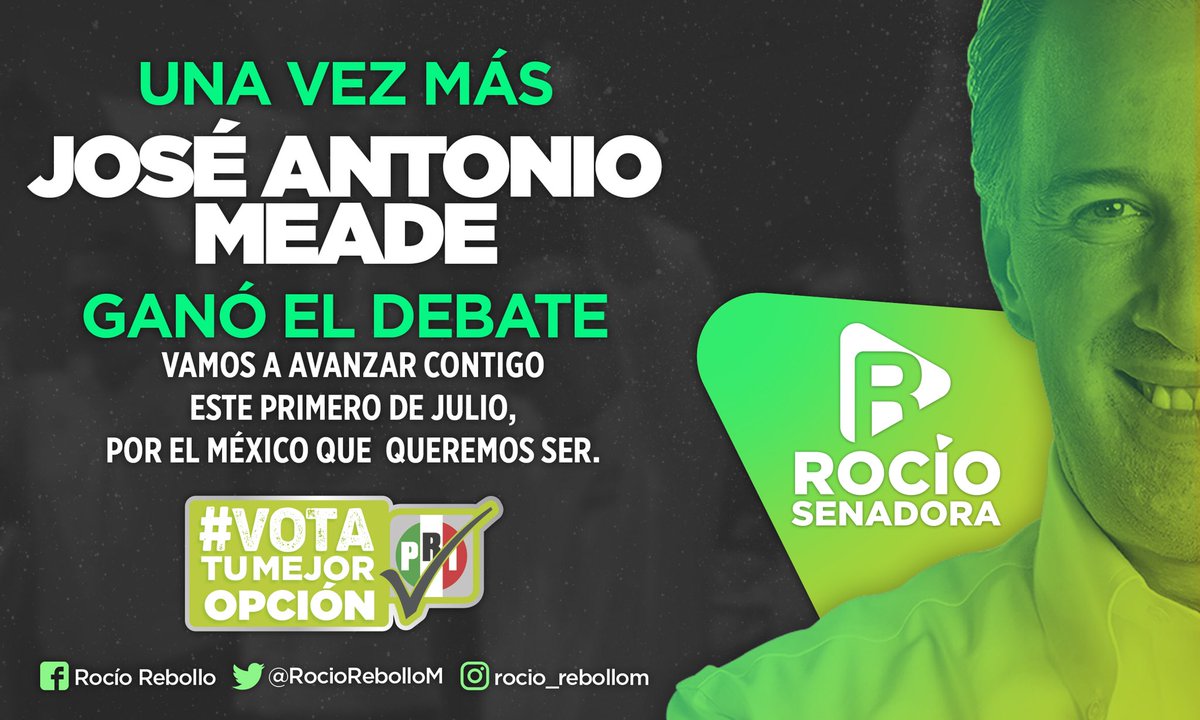 RocioRebolloM's tweet image. ¡Muchas felicidades @JoseAMeadeK por tu gran participación en el debate! 
Este primero de julio, avanzaremos juntos por lo mejor de México. #MeadePresidente2018